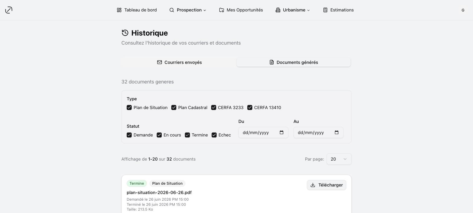 L'onglet « Documents générés » : filtres par type et par statut, téléchargement quand le document est terminé