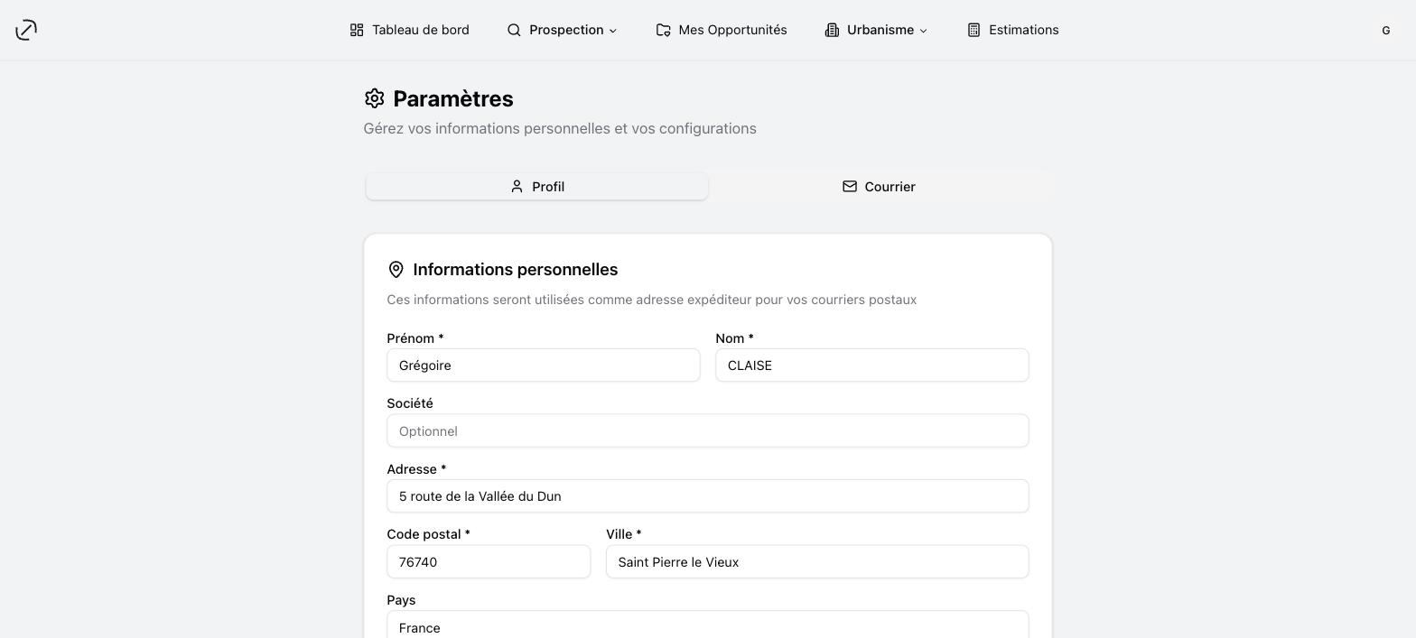 L'onglet « Profil » : ces informations servent d'adresse expéditeur pour vos courriers