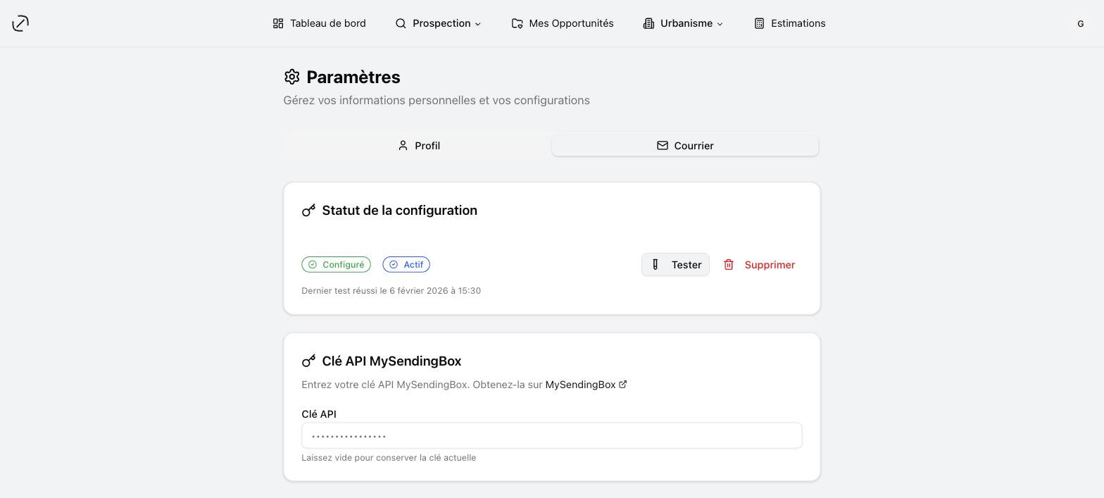 L'onglet « Courrier » : le statut de la configuration MySendingBox et le champ de la clé API