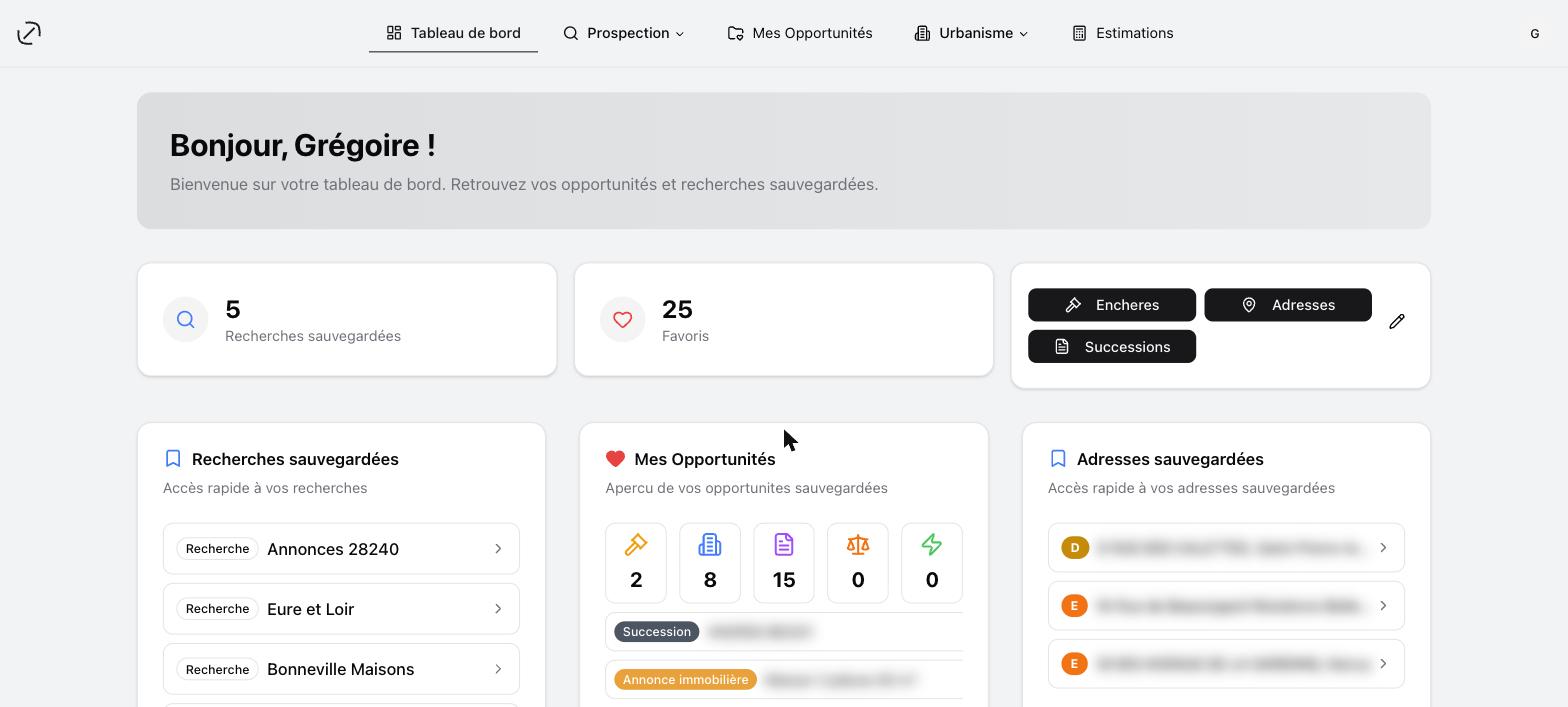 Le tableau de bord : cartes de statistiques, actions rapides et aperçu des opportunités
