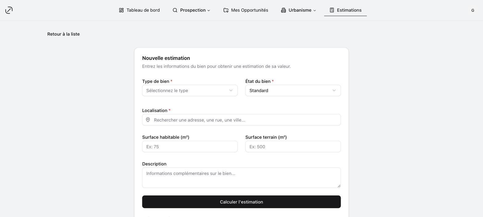 Le formulaire d'estimation : l'adresse doit être choisie dans la liste proposée par le champ « Localisation »