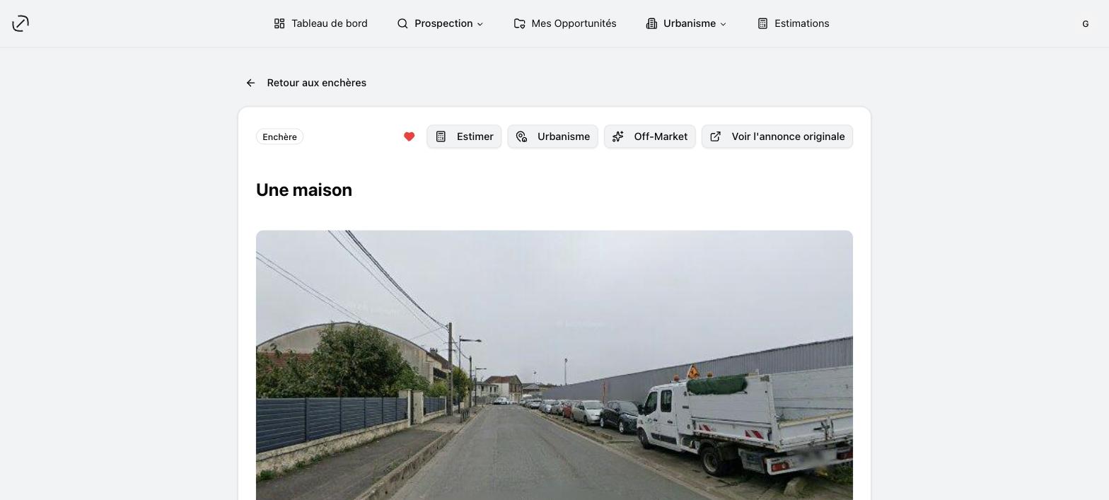 Une fiche de vente aux enchères et ses actions : Estimer, Urbanisme, Off-Market et le lien vers l'annonce originale