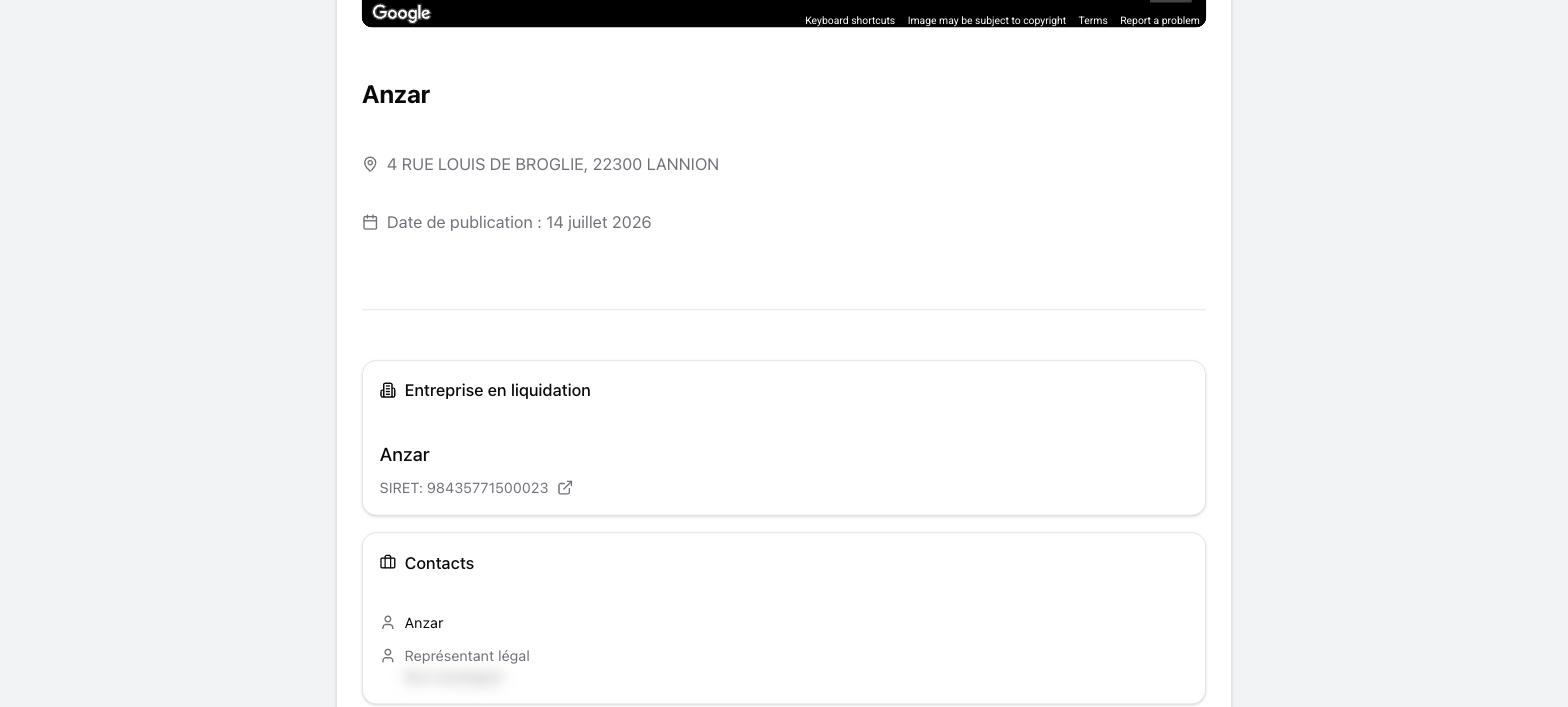 Une fiche de liquidation judiciaire : l'entreprise, son SIRET et ses contacts (nom du représentant flouté)