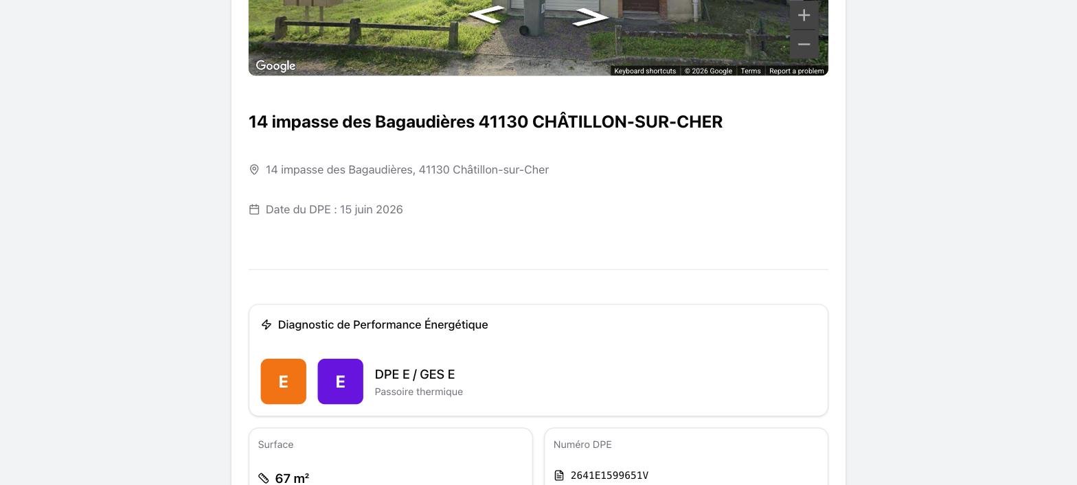 Une fiche de passoire énergétique : étiquettes DPE et GES, surface et numéro de DPE