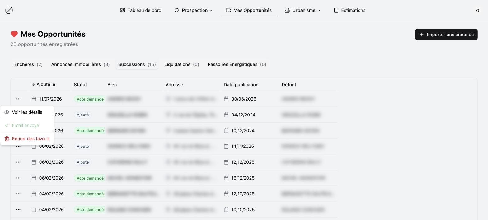 Le menu d'une ligne de succession : ici la demande a déjà été envoyée, « Email envoyé » est donc affiché en vert et désactivé (données personnelles floutées)