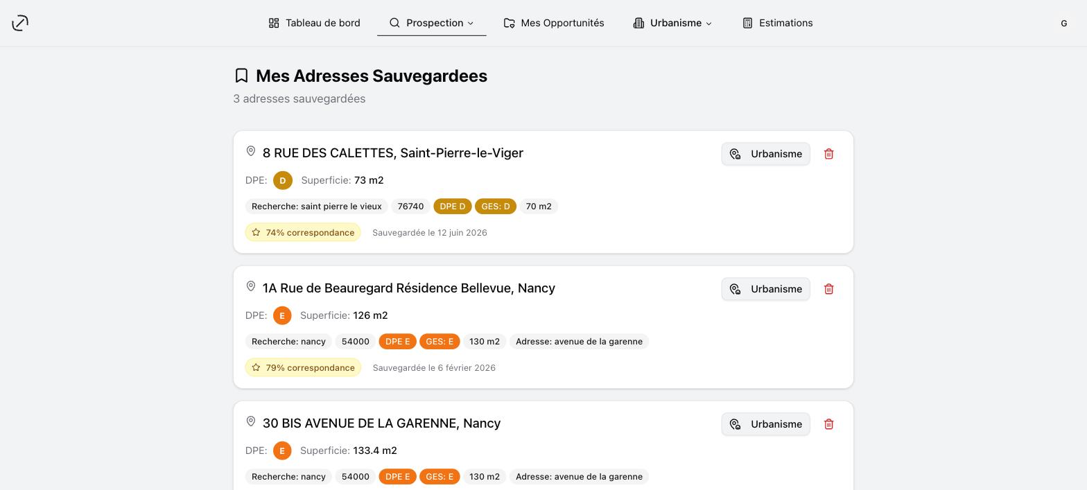 Mes adresses sauvegardées : étiquette DPE, critères de la recherche d'origine et score de correspondance