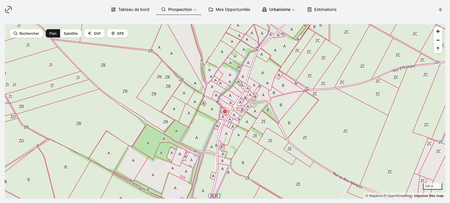La carte cadastrale off-market, avec les sections et les numéros de parcelle