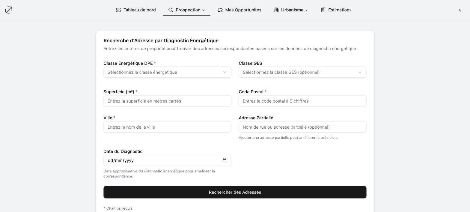 Le formulaire de recherche d'adresse : les champs marqués d'une étoile sont obligatoires
