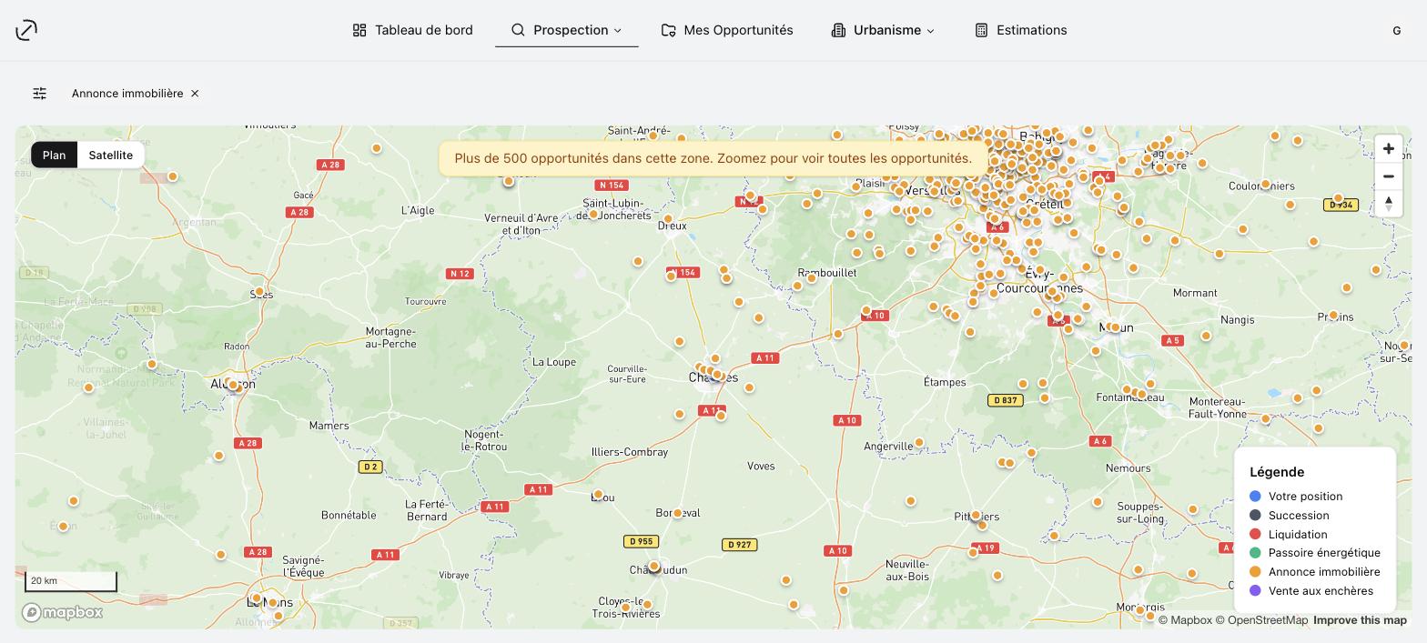 La recherche carte : les pastilles de couleur par type, la légende et le bandeau d'avertissement au-delà de 500 opportunités