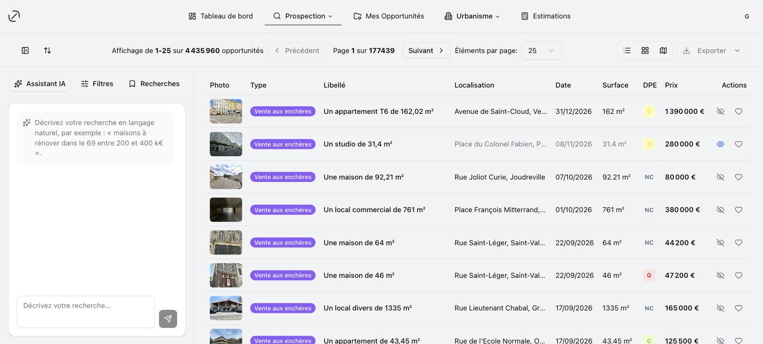 La recherche en vue liste, avec le panneau Assistant IA ouvert à gauche