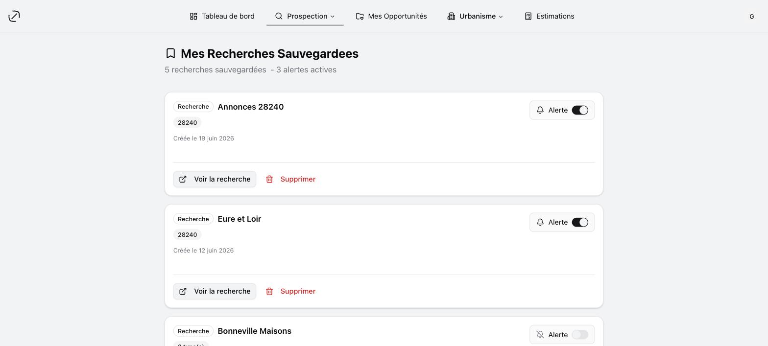 Mes recherches sauvegardées : l'interrupteur « Alerte » s'active recherche par recherche